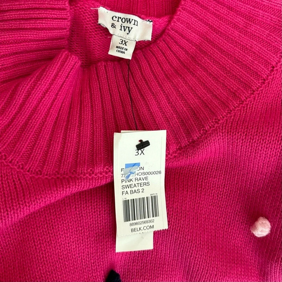 Crown & Ivy | Pom Pom Knit Sweater Puff Sleeve Pullover Pink - Picture 7 of 8